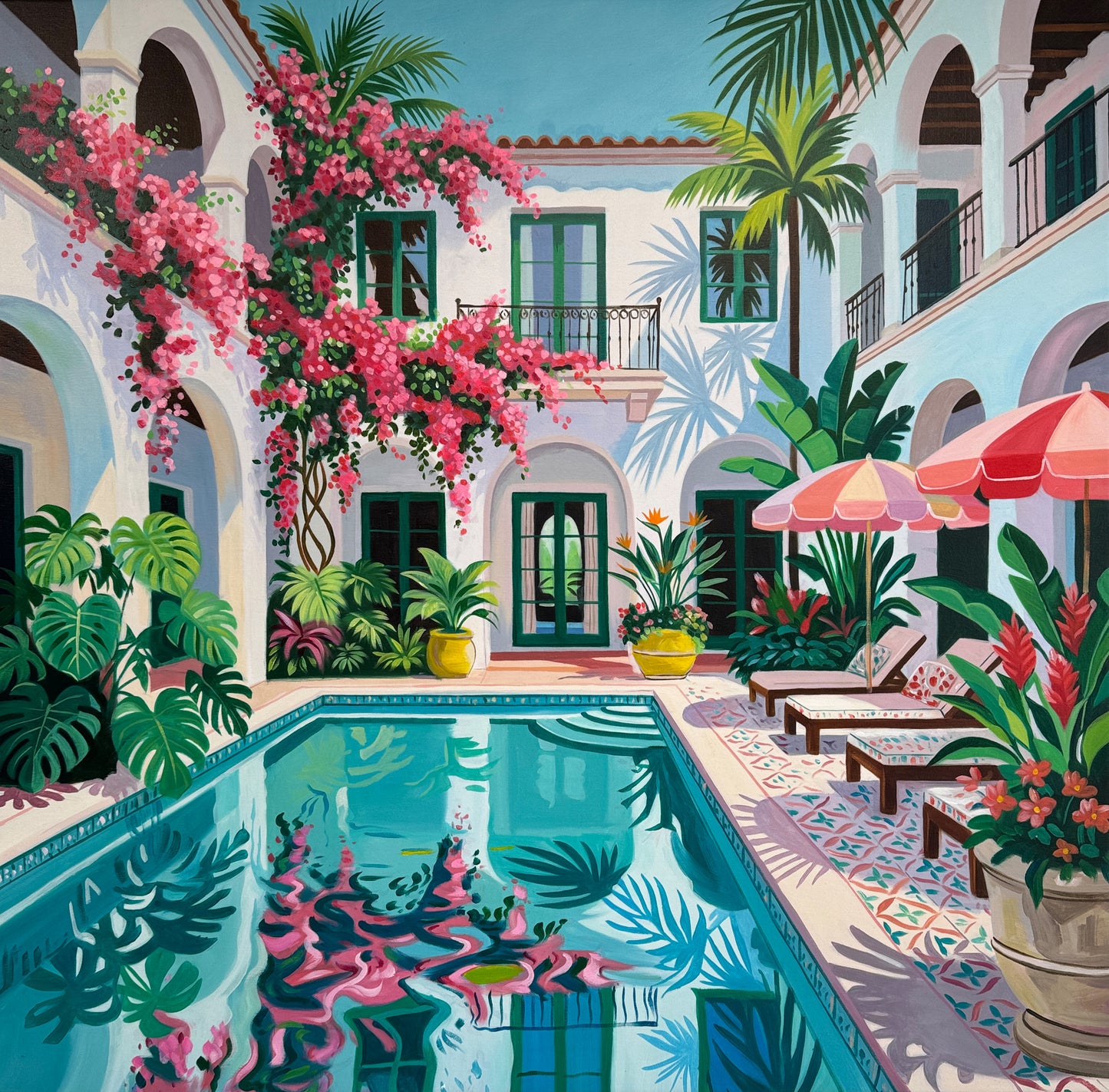 Beneath the bougainvillea balcony
