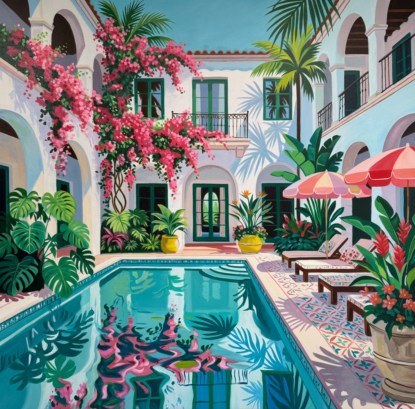 Beneath the bougainvillea balcony