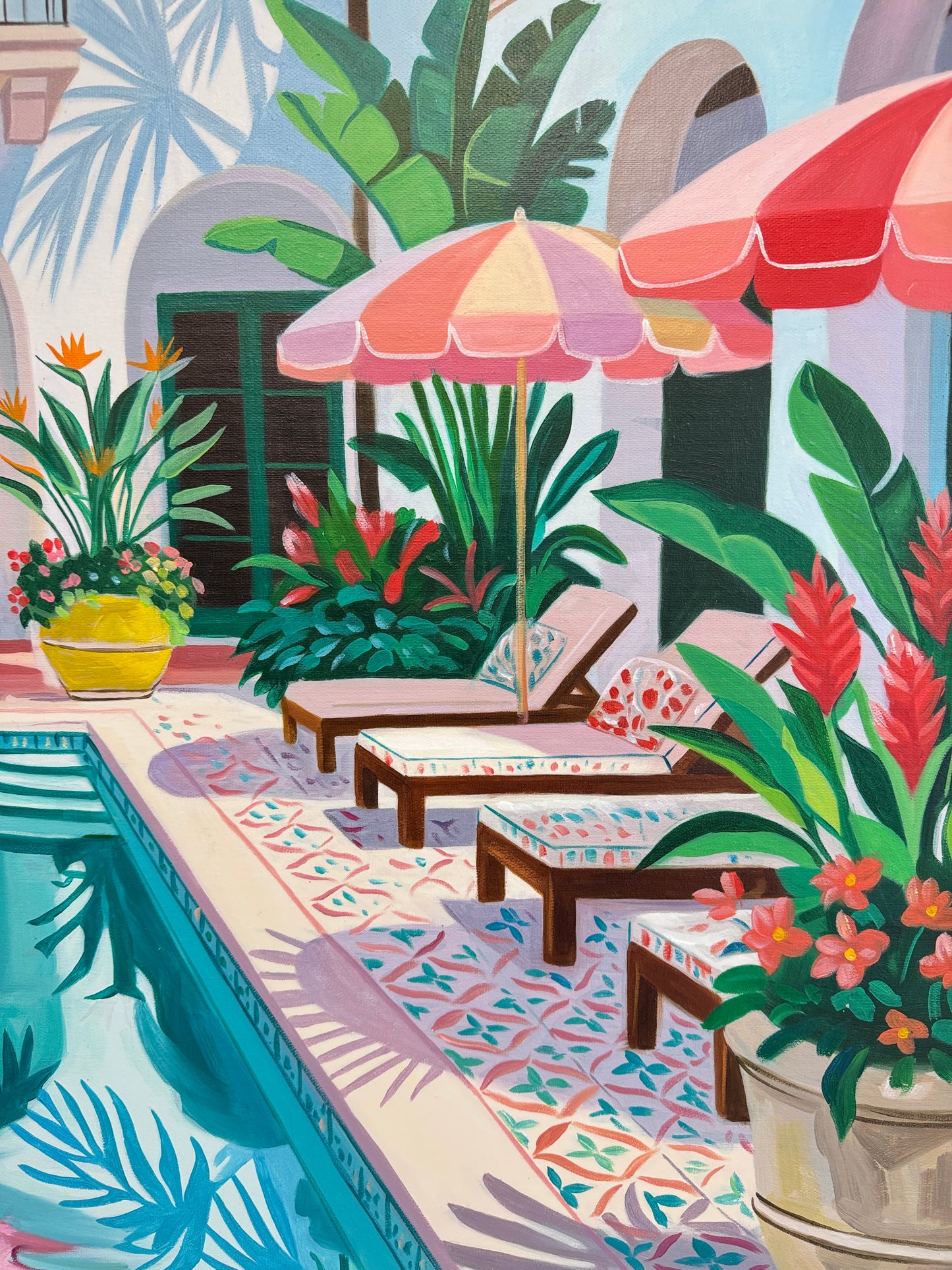 Beneath the bougainvillea balcony